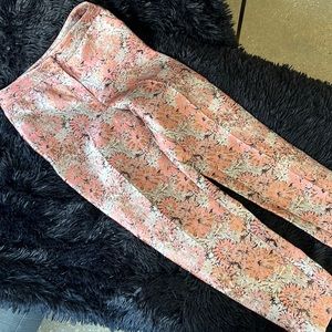 ASOS pink black and gold jacquard pants. Perfect for work or a spring brunch.